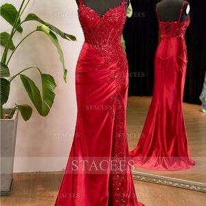 Elegant Red sequined mermaid Prom Dress with Beaded Corset and lace up back